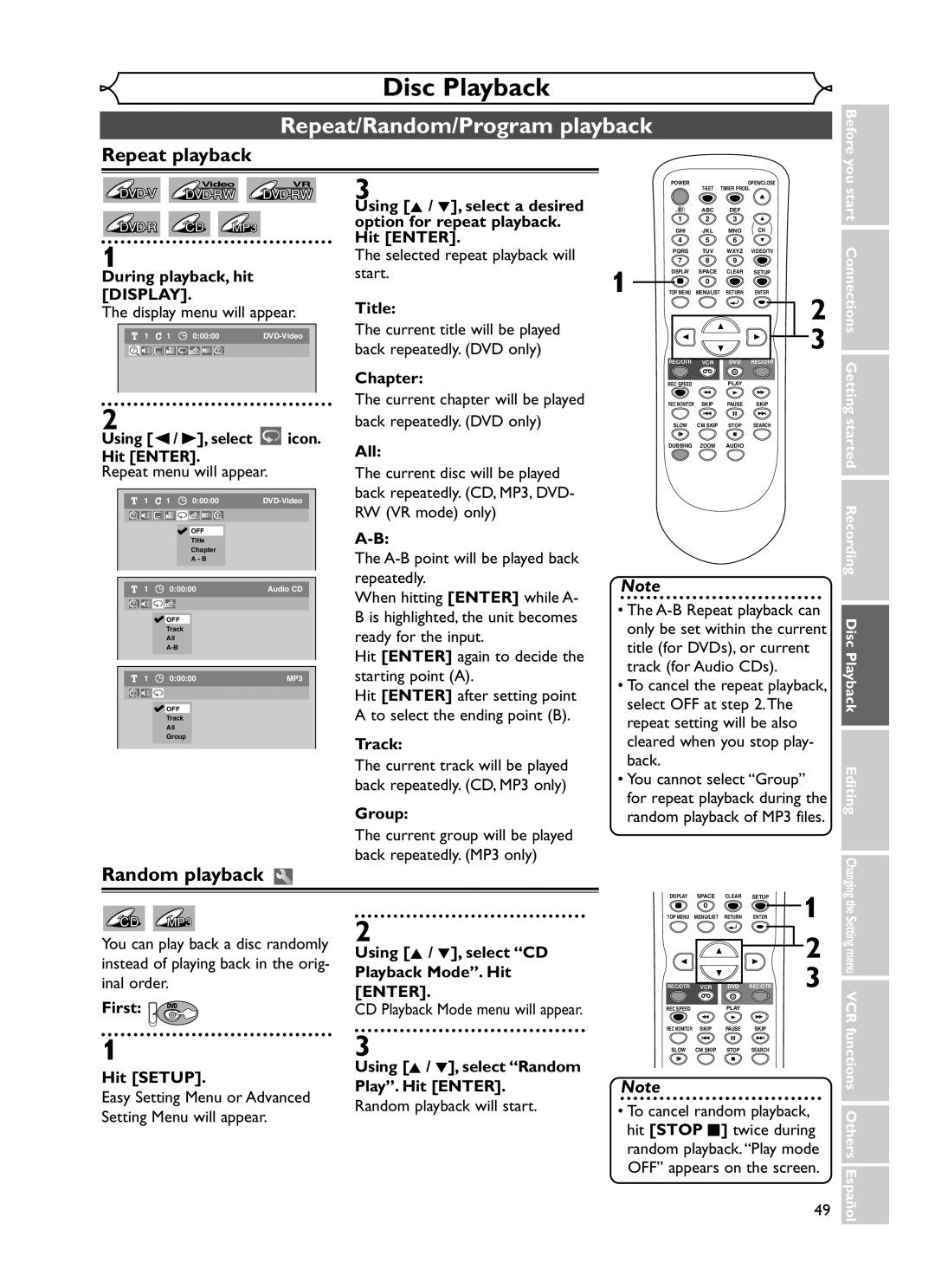 Emerson EWR20V5 owner manual Repeat playback, Random playback 