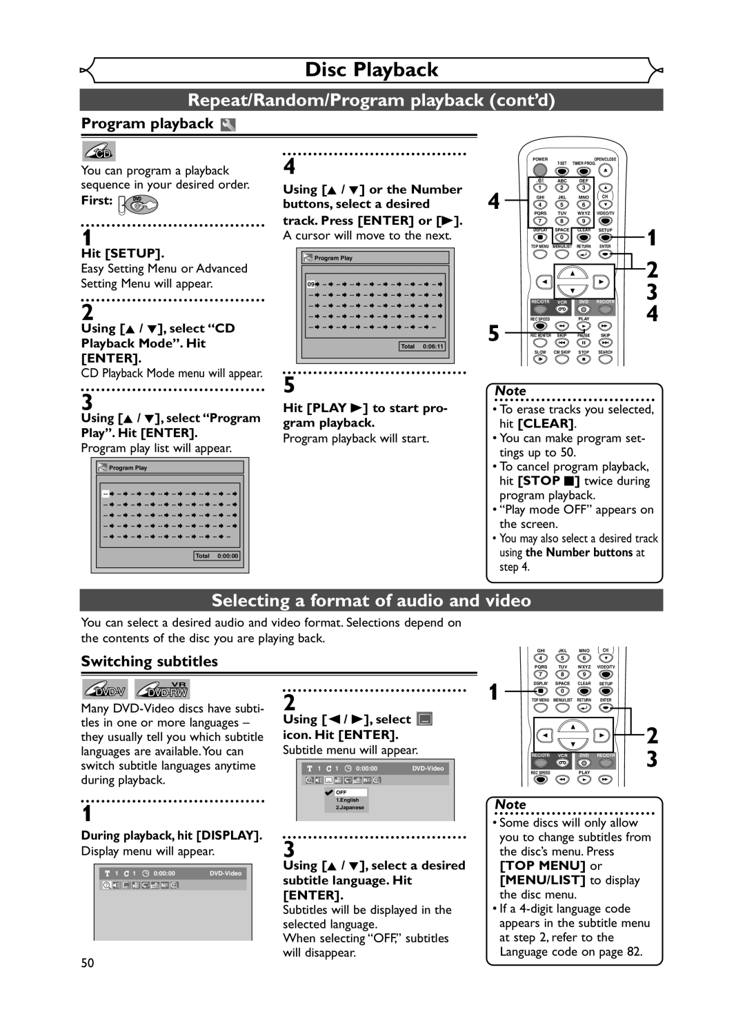 Emerson EWR20V5 Repeat/Random/Program playback cont’d, Selecting a format of audio and video, Switching subtitles 