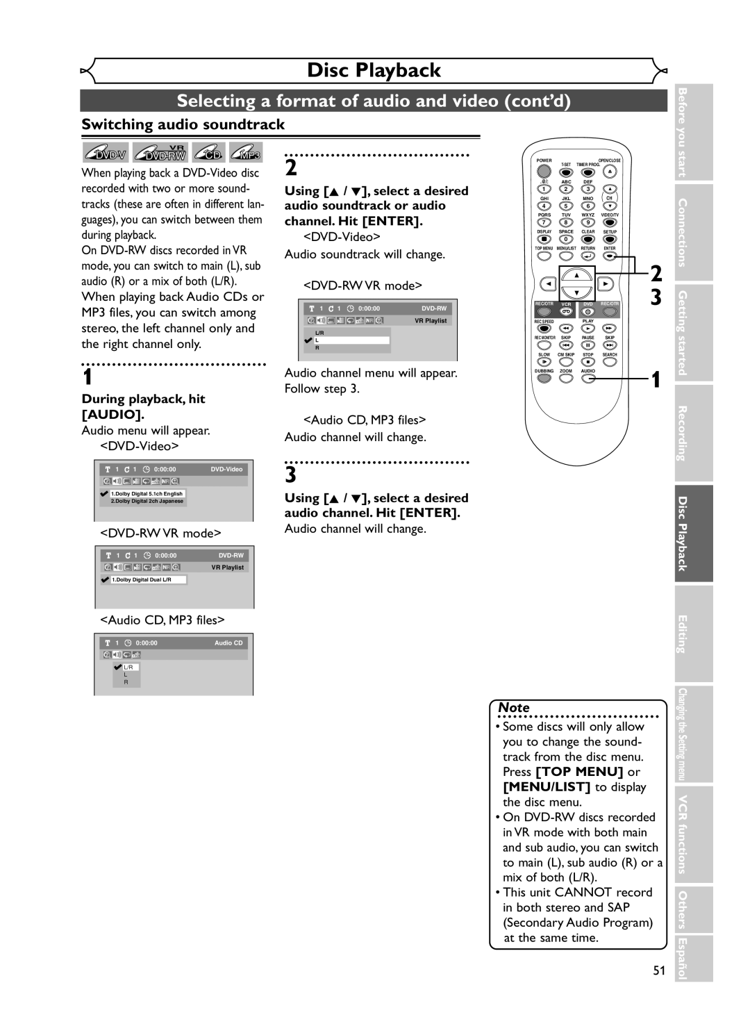 Emerson EWR20V5 Selecting a format of audio and video cont’d, Switching audio soundtrack, During playback, hit Audio 