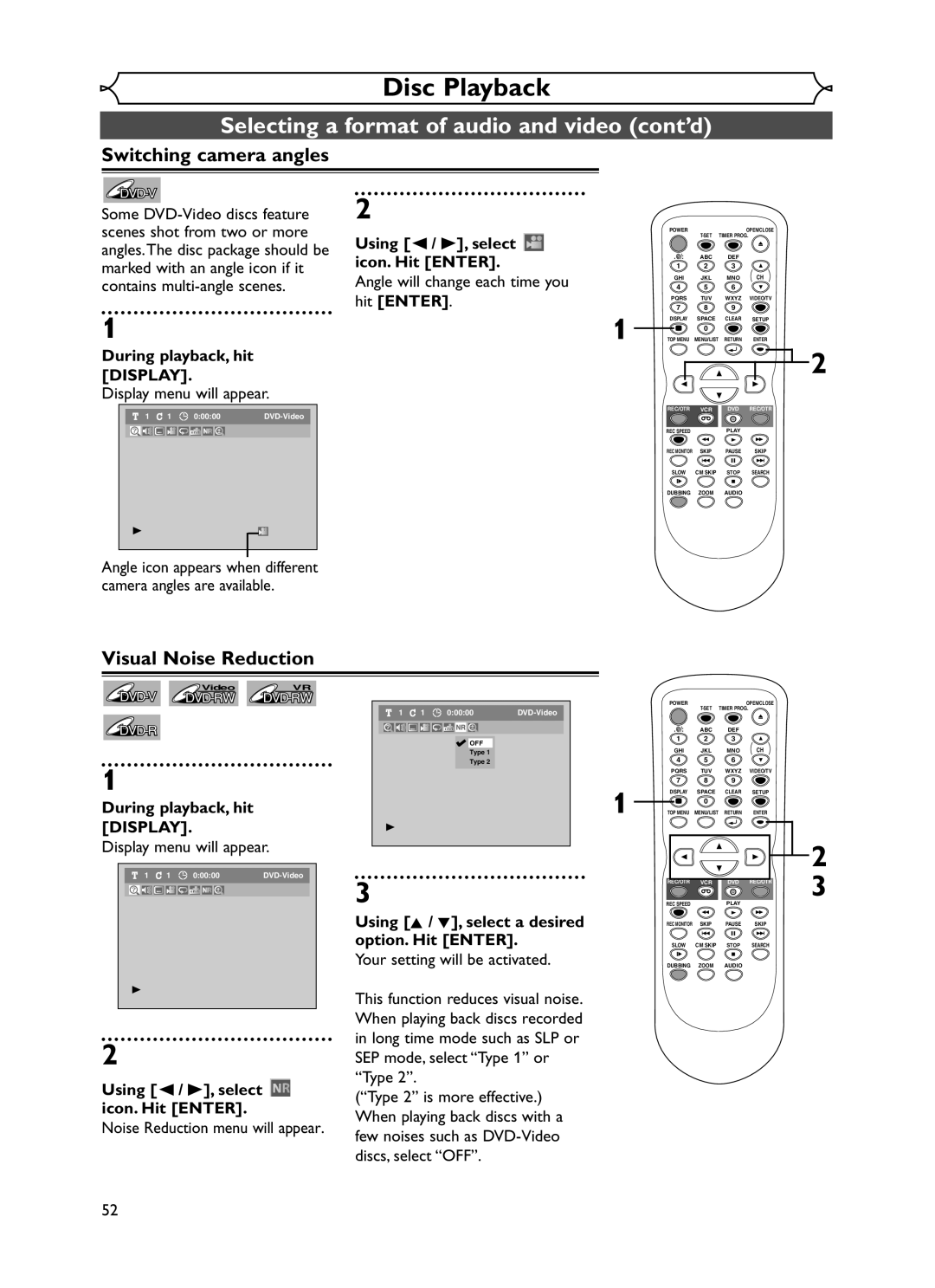 Emerson EWR20V5 Switching camera angles, Visual Noise Reduction, Some DVD-Video discs feature Scenes shot from two or more 