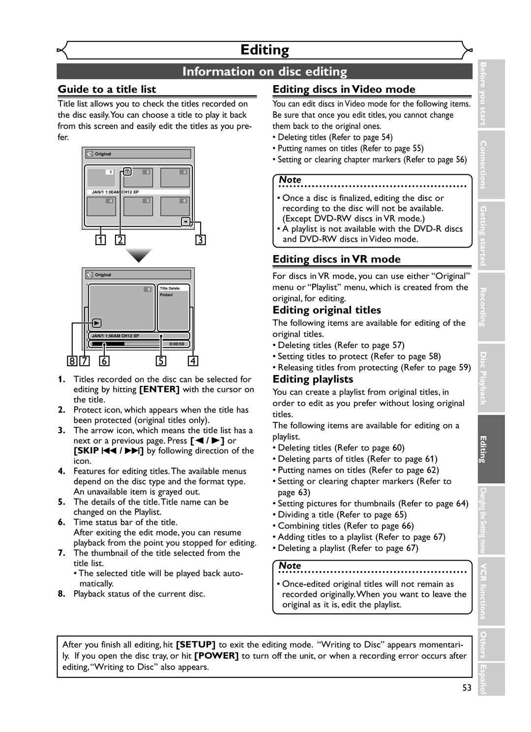 Emerson EWR20V5 owner manual Editing, Information on disc editing 