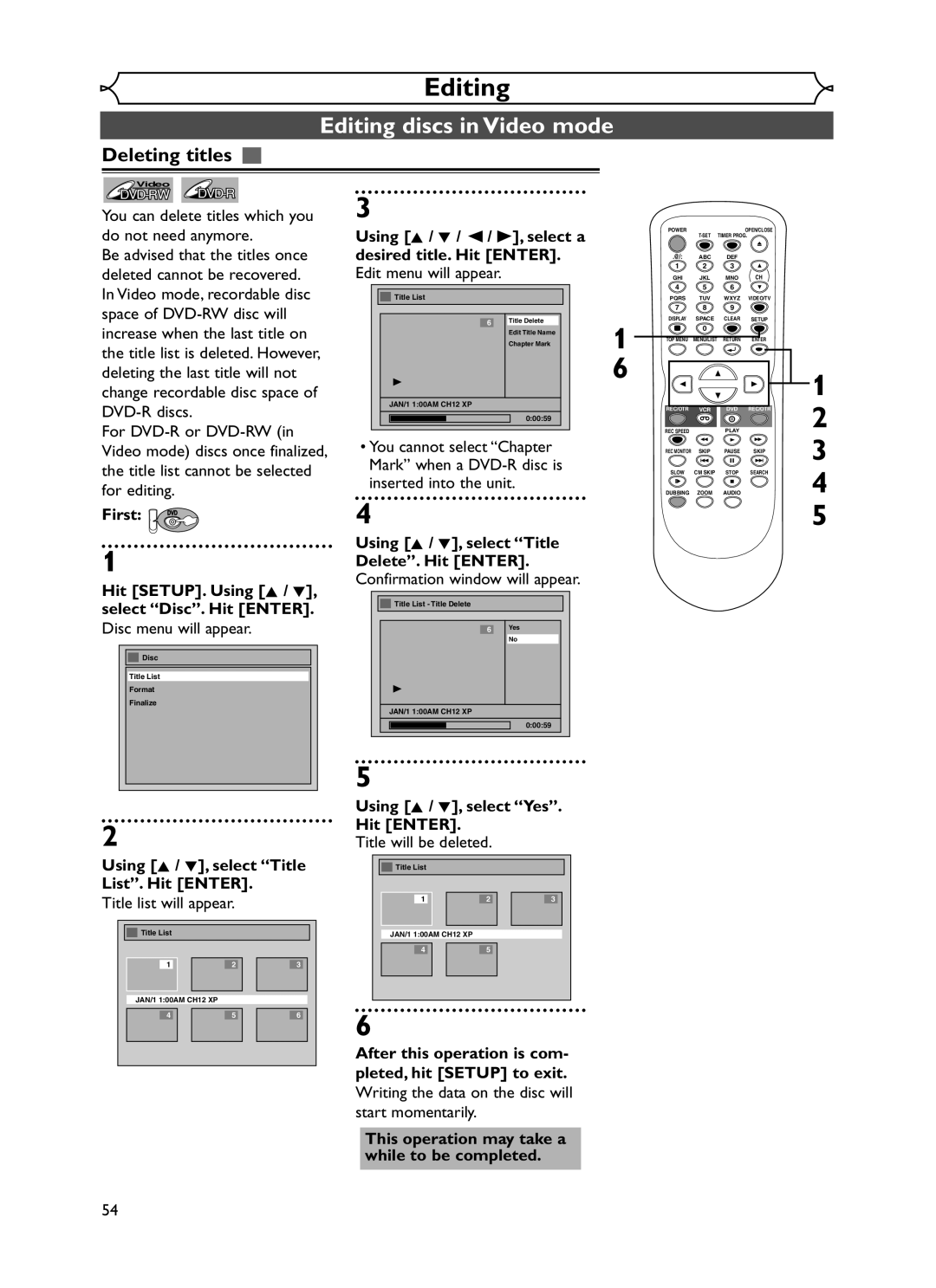 Emerson EWR20V5 owner manual Editing discs in Video mode, Deleting titles 