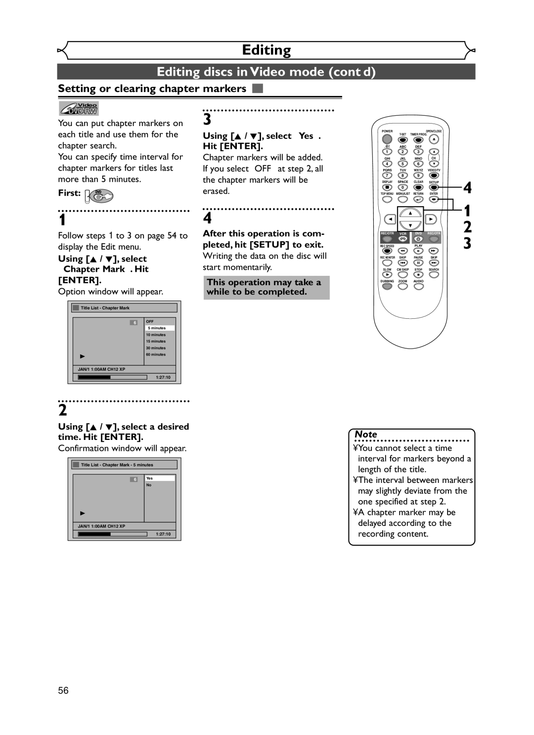 Emerson EWR20V5 owner manual Editing discs in Video mode cont’d, Setting or clearing chapter markers 