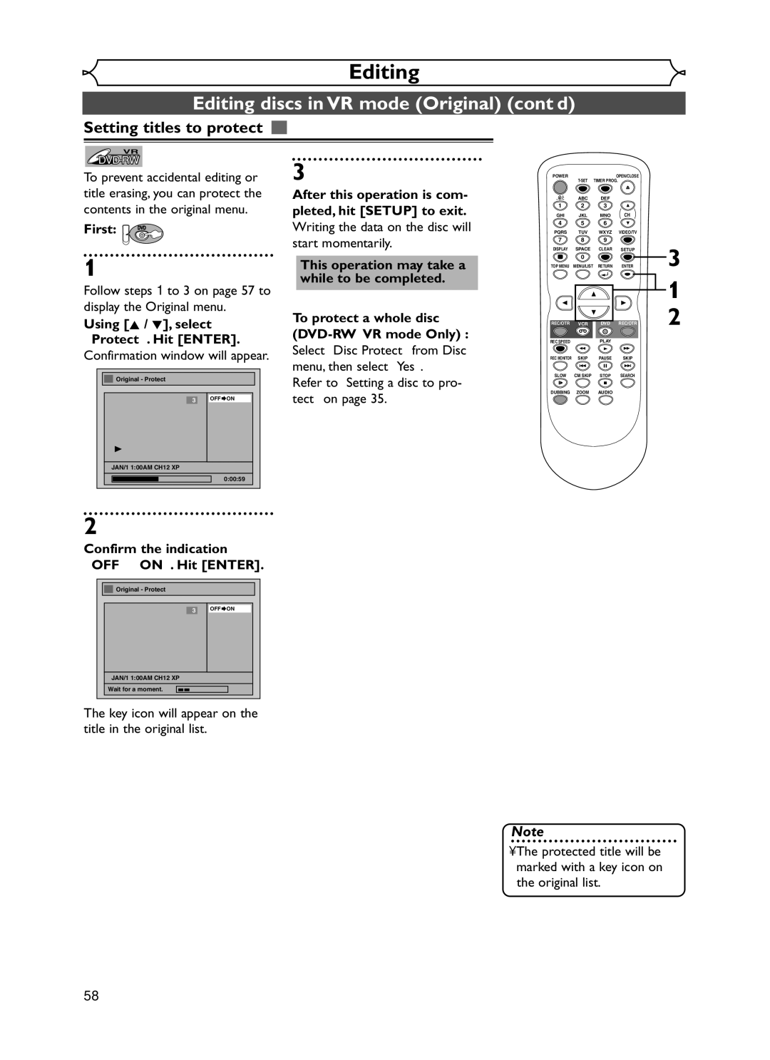 Emerson EWR20V5 owner manual Editing discs in VR mode Original cont’d, Setting titles to protect 