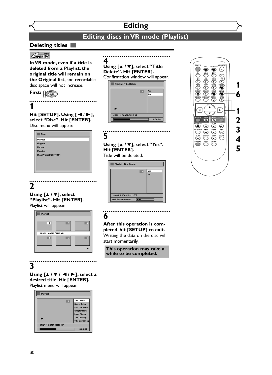 Emerson EWR20V5 owner manual Editing discs in VR mode Playlist, First DVD Hit SETUP. Using / B, select Disc. Hit Enter 