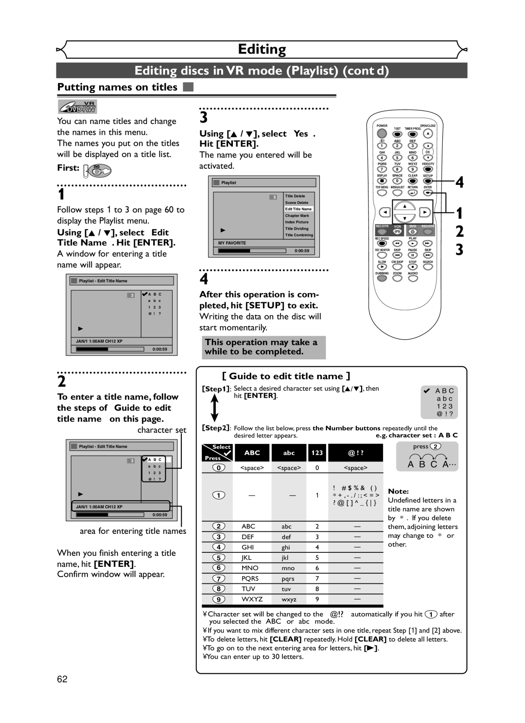 Emerson EWR20V5 owner manual Editing discs in VR mode Playlist cont’d, Using K / L, select Edit Title Name. Hit Enter 