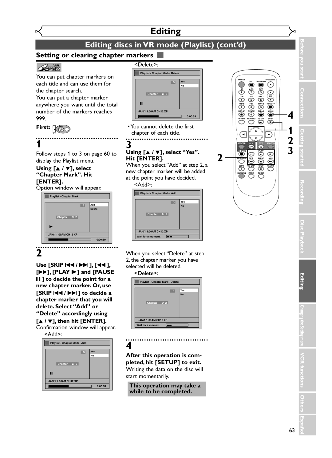 Emerson EWR20V5 owner manual Delete, You cannot delete the first chapter of each title, New chapter marker will be added 