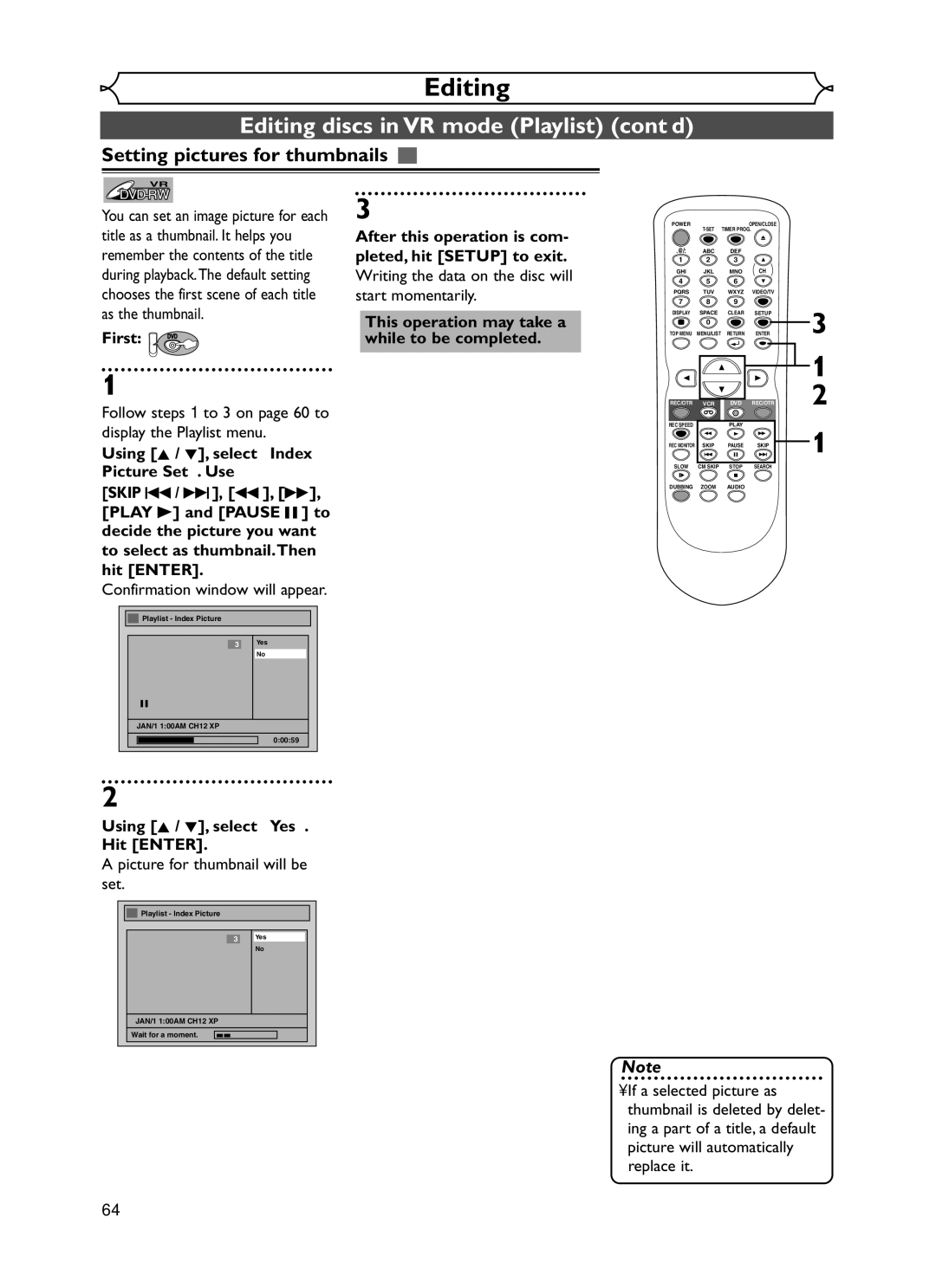 Emerson EWR20V5 owner manual Setting pictures for thumbnails, Picture for thumbnail will be set 