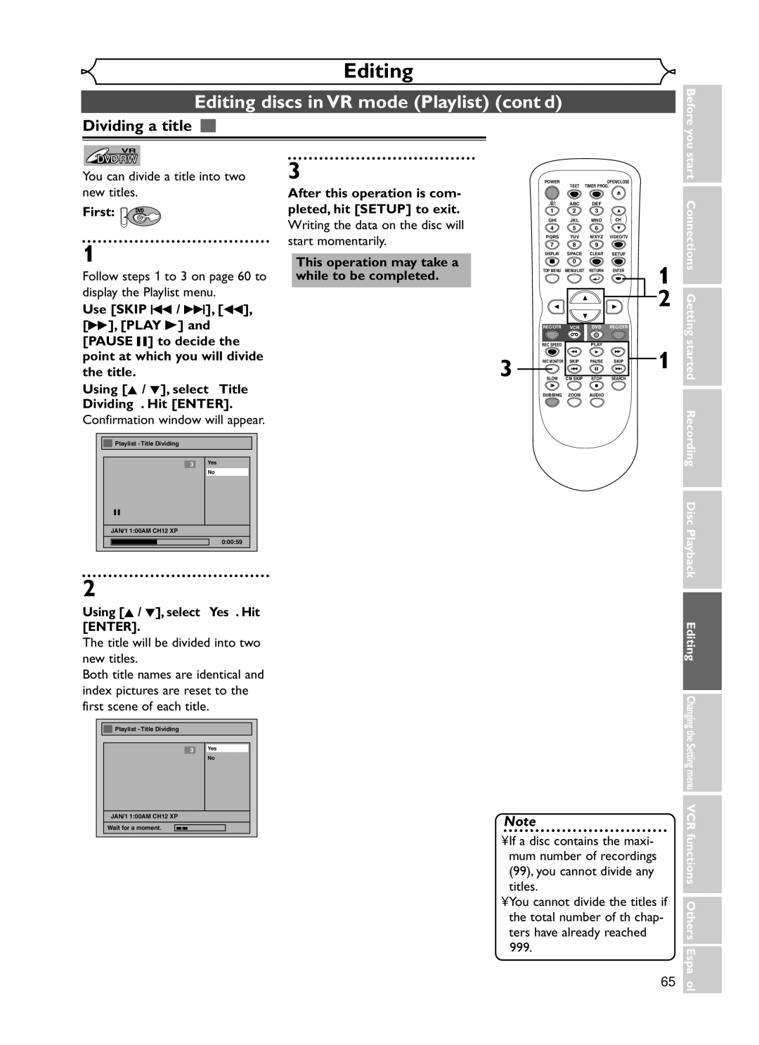 Emerson EWR20V5 owner manual Dividing a title, You can divide a title into two, New titles After this operation is com 