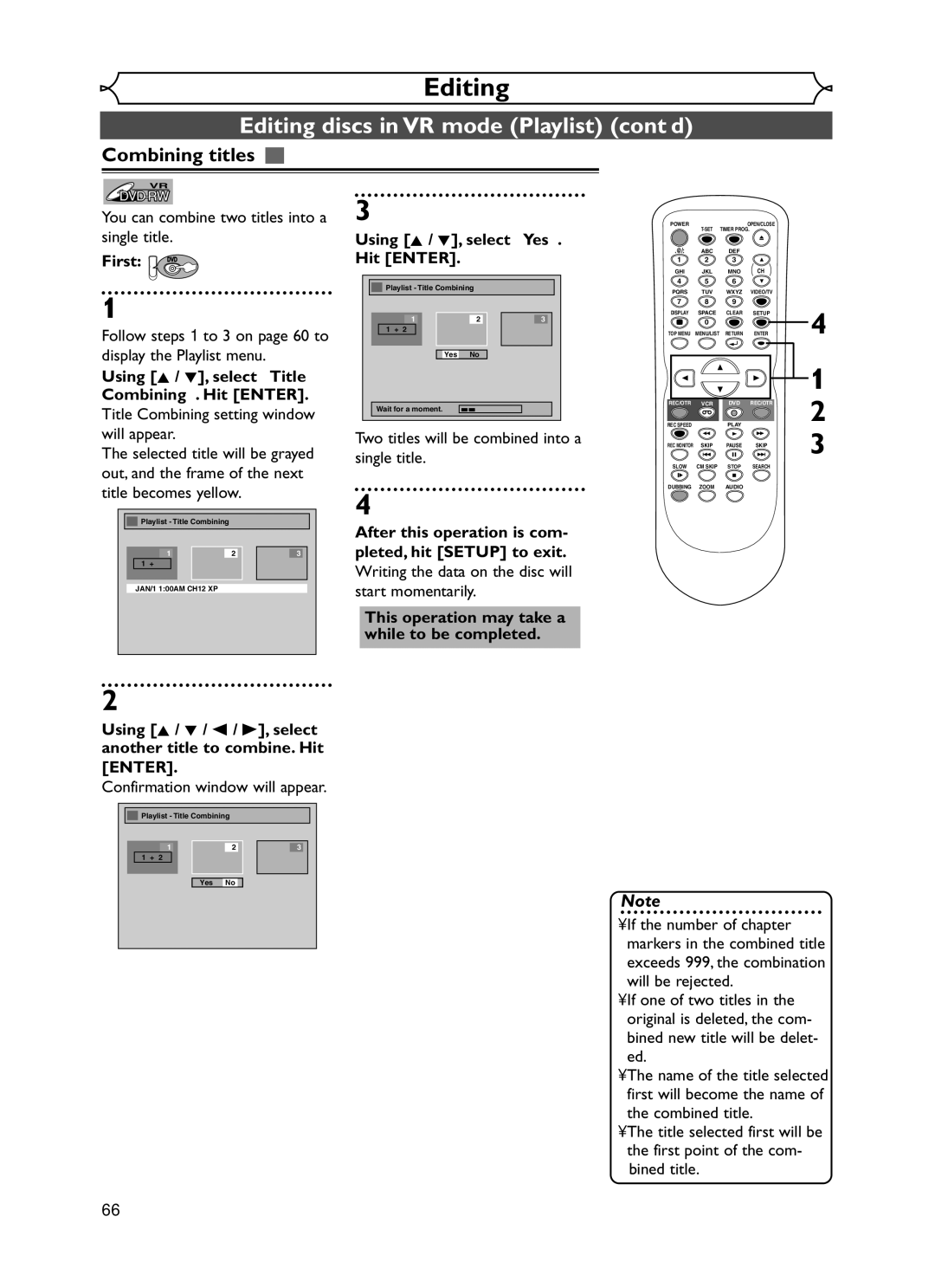 Emerson EWR20V5 owner manual Combining titles, You can combine two titles into a single title 