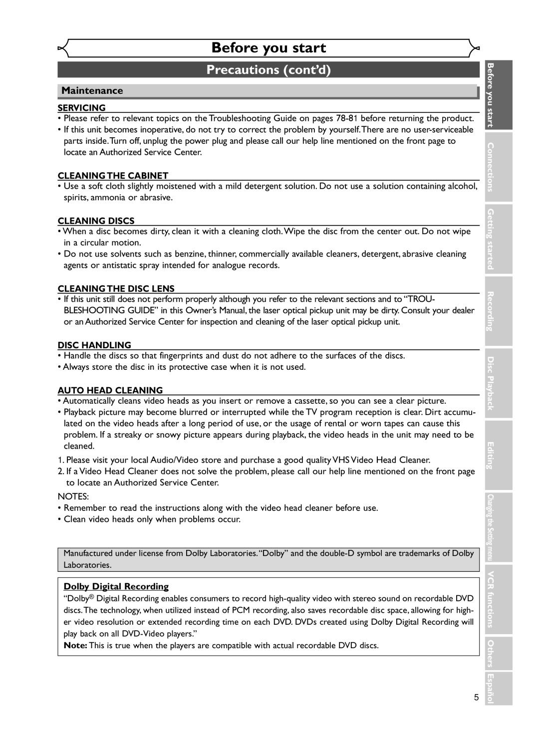 Emerson EWR20V5 owner manual Maintenance, Dolby Digital Recording 