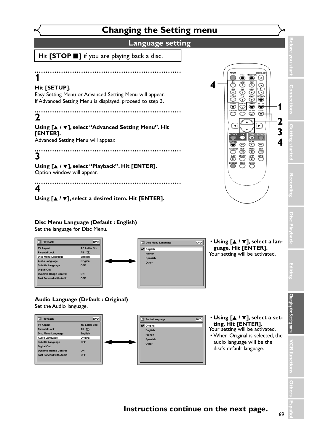 Emerson EWR20V5 owner manual Language setting 