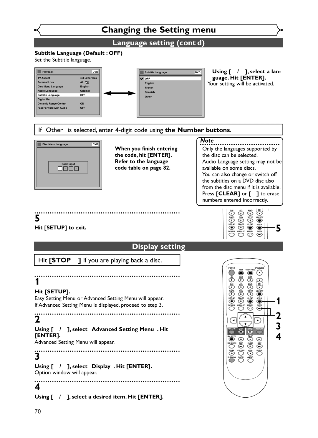 Emerson EWR20V5 owner manual Language setting cont’d, Display setting, Subtitle Language Default OFF 