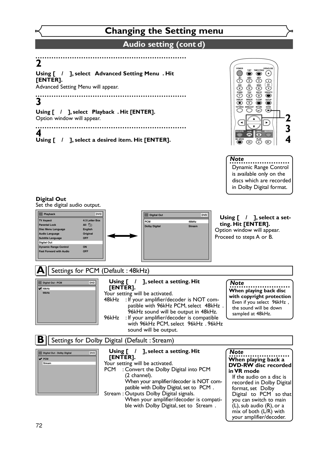 Emerson EWR20V5 owner manual Audio setting cont’d, Digital Out, Using K / L, select a set- ting. Hit Enter 