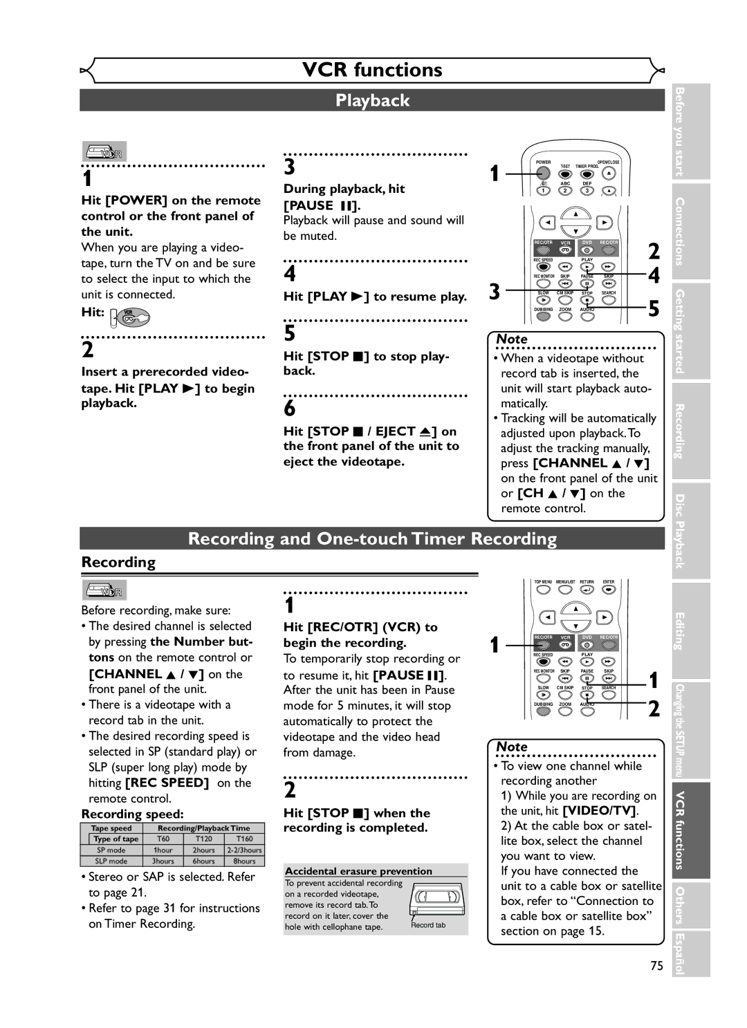 Emerson EWR20V5 owner manual VCR functions, Playback, Recording and One-touch Timer Recording 