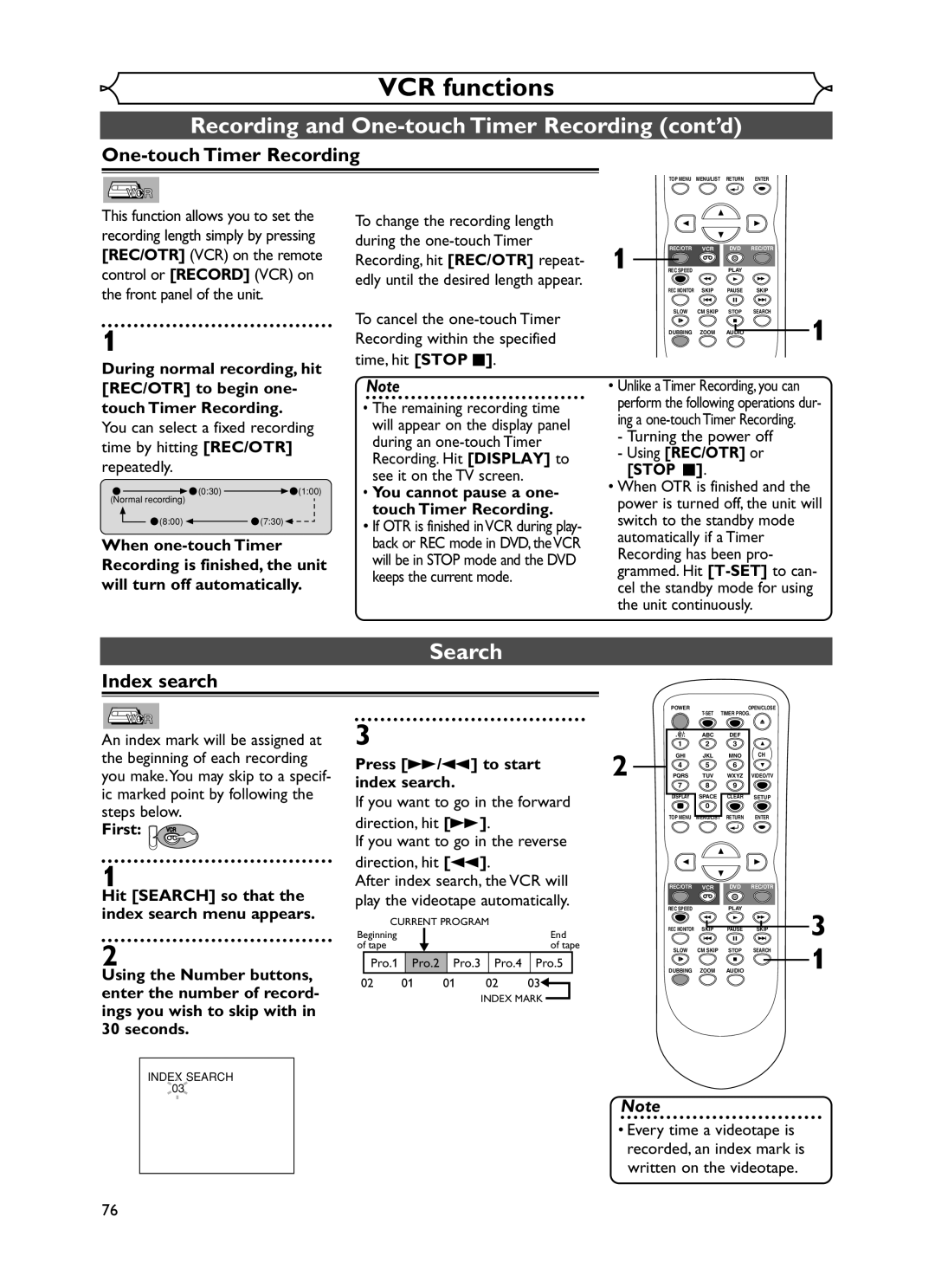 Emerson EWR20V5 owner manual Recording and One-touch Timer Recording cont’d, Index search, Using REC/OTR or Stop C 