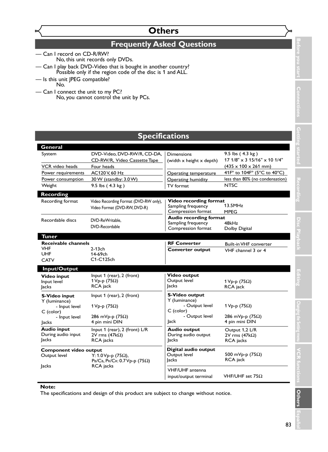 Emerson EWR20V5 Frequently Asked Questions, Specifications, Can I record on CD-R/RW? No, this unit records only DVDs 