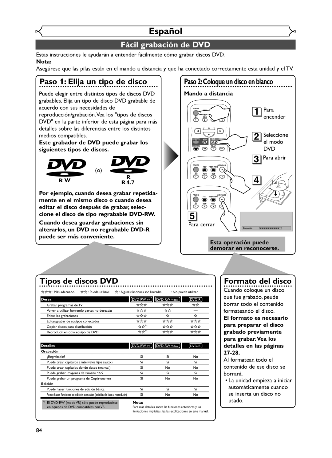 Emerson EWR20V5 owner manual Español, Fácil grabación de DVD, Nota, Esta operación puede demorar en reconocerse 