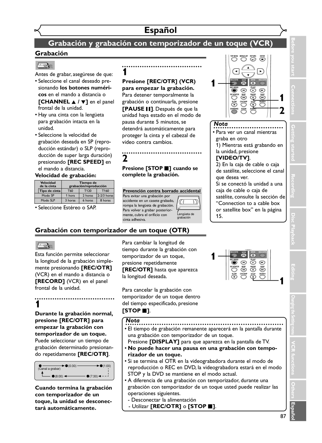 Emerson EWR20V5 owner manual Grabación con temporizador de un toque OTR 