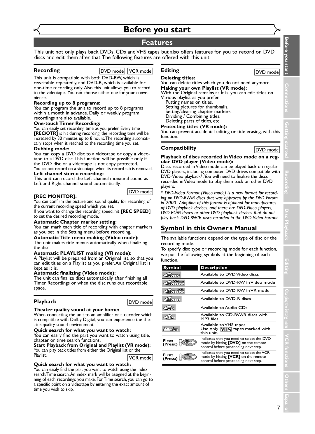 Emerson EWR20V5 owner manual Features, Recording, Editing, Compatibility, Playback 