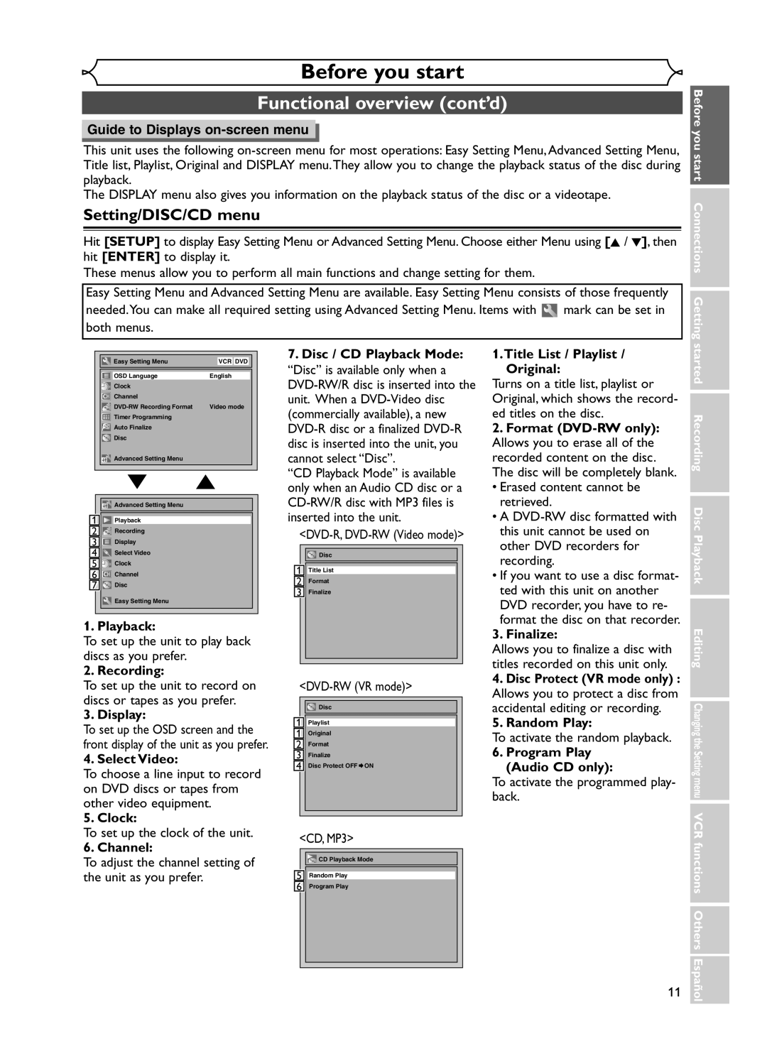 Emerson EWR20V5 Before you start, Setting/DISC/CD menu, Guide to Displays on-screen menu, Playback, Recording, Clock 