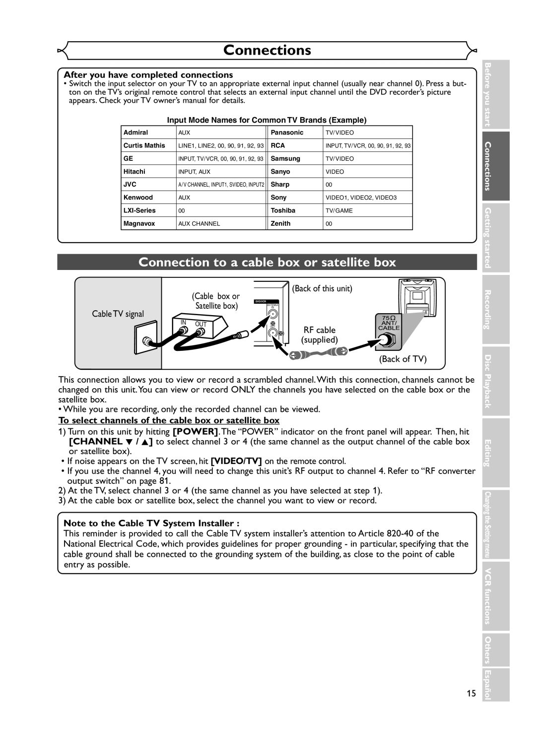 Emerson EWR20V5 owner manual Connections, Connection to a cable box or satellite box, After you have completed connections 