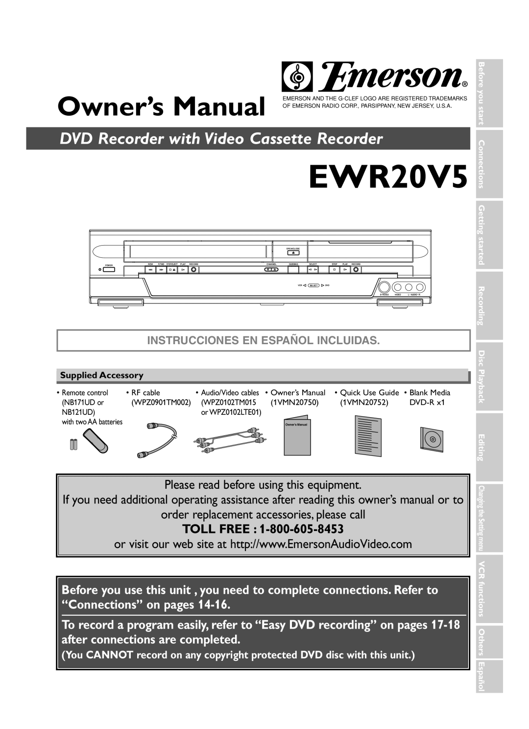 Emerson EWR20V5 owner manual Owner’s Manual, DVD Recorder with Video Cassette Recorder 