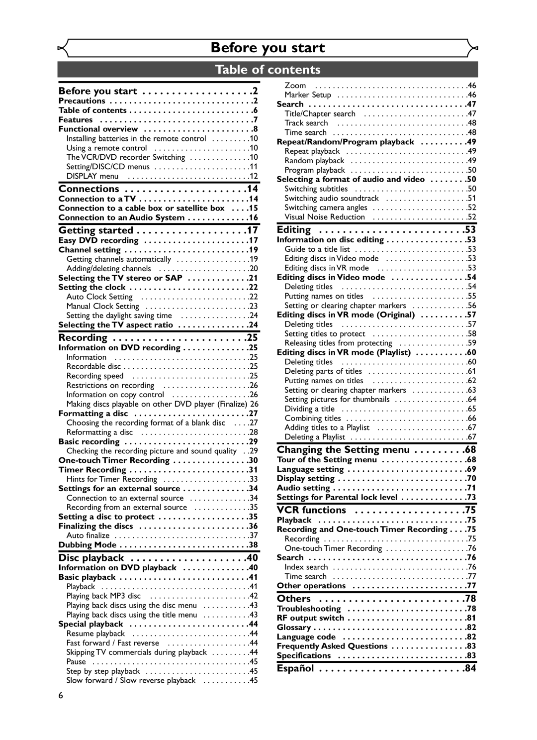 Emerson EWR20V5 owner manual Before you start, Table of contents 