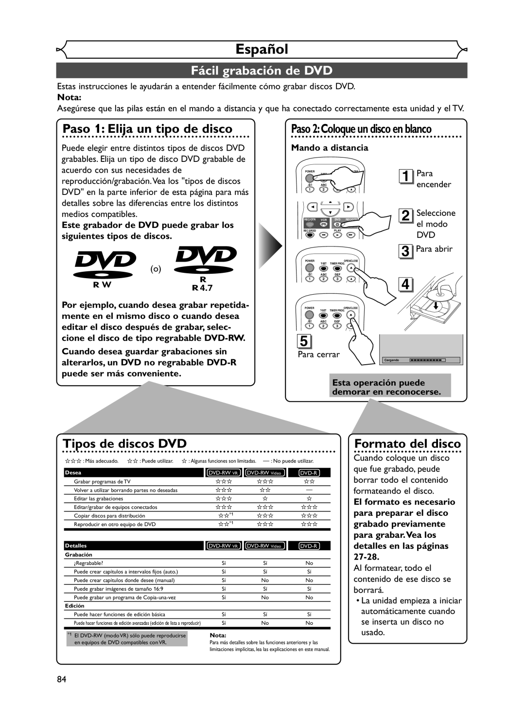 Emerson EWR20V5 Español, Nota, Este grabador de DVD puede grabar los siguientes tipos de discos, Mando a distancia 