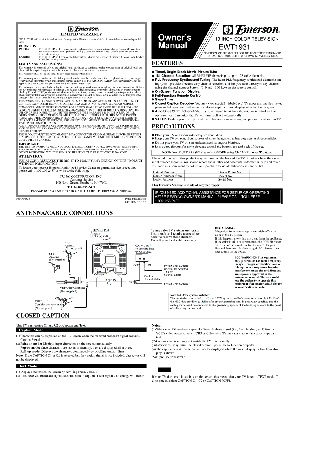 Emerson EWT1931 owner manual Features, Precautions, ANTENNA/CABLE Connections, Closed Caption, Limited Warranty 