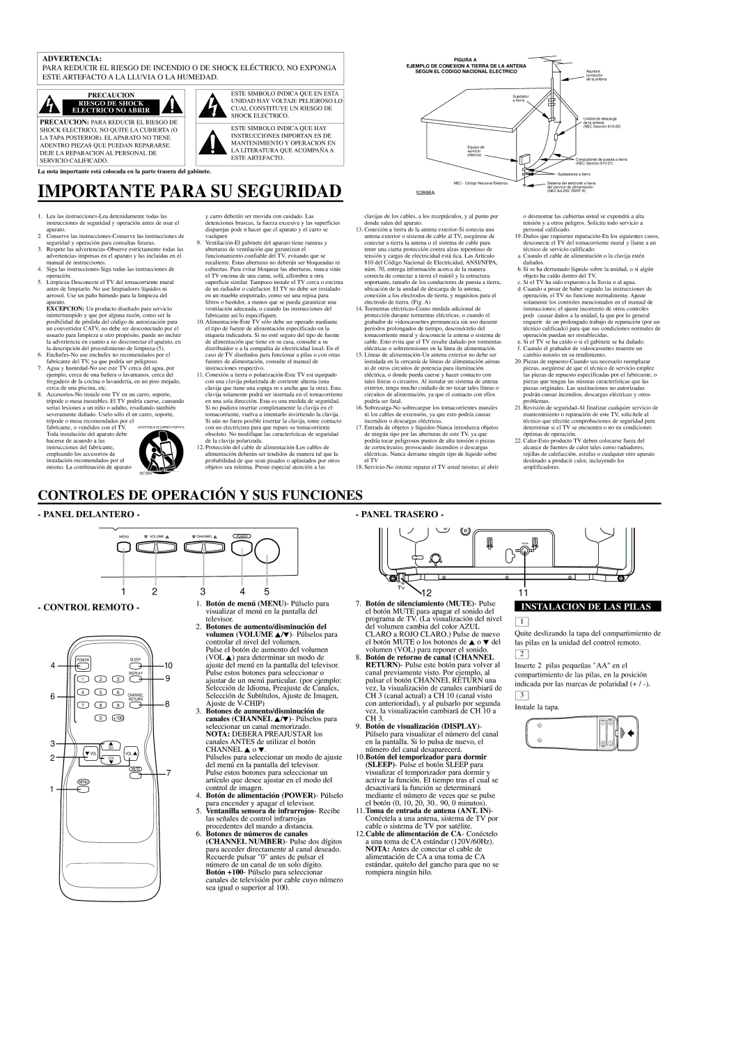 Emerson EWT1931 owner manual Importante Para SU Seguridad, Panel Trasero, Instalacion DE LAS Pilas, Advertencia 