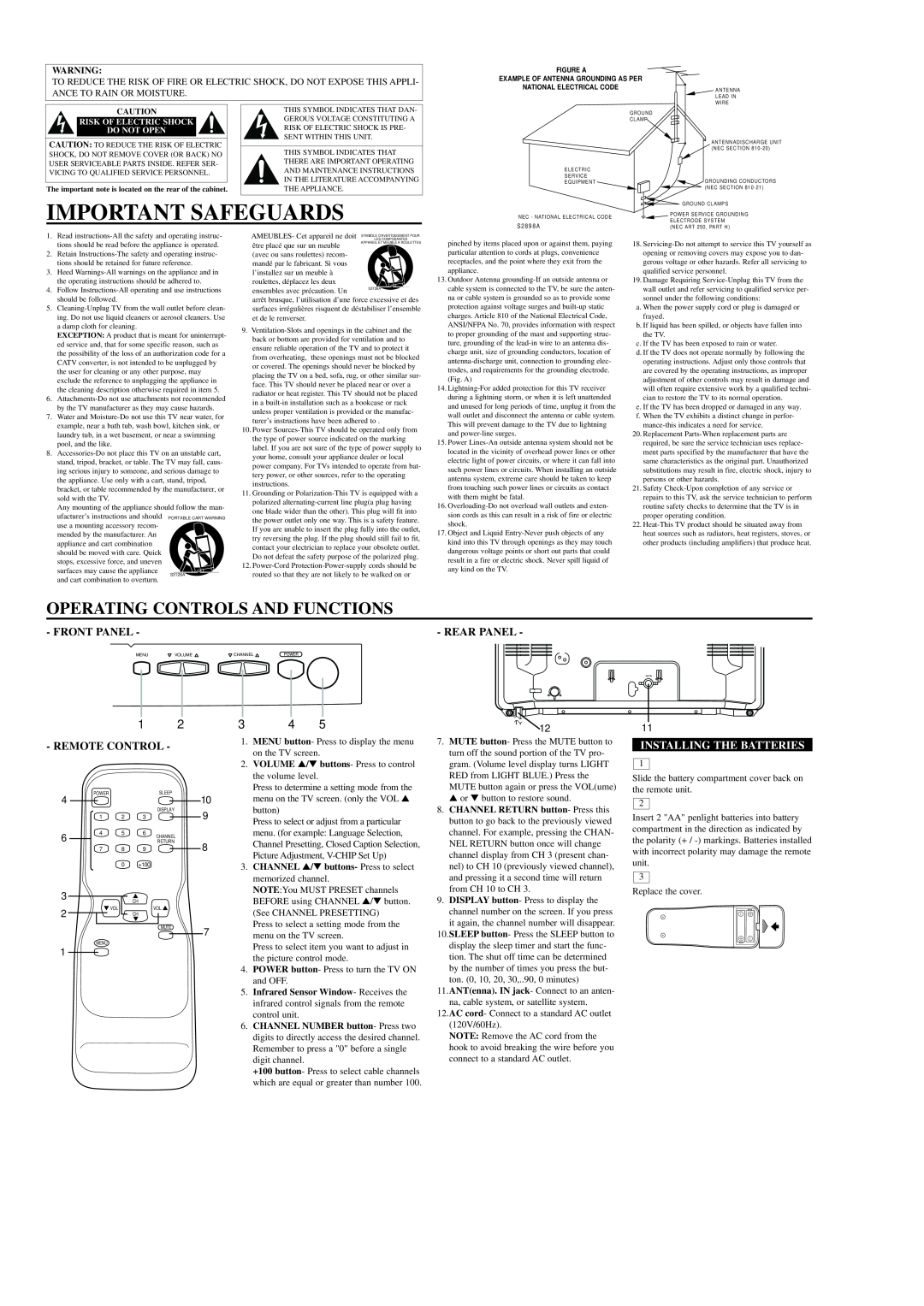 Emerson EWT1931 Important Safeguards, Operating Controls And Functions, Front Panel, Rear Panel, Remote Control 