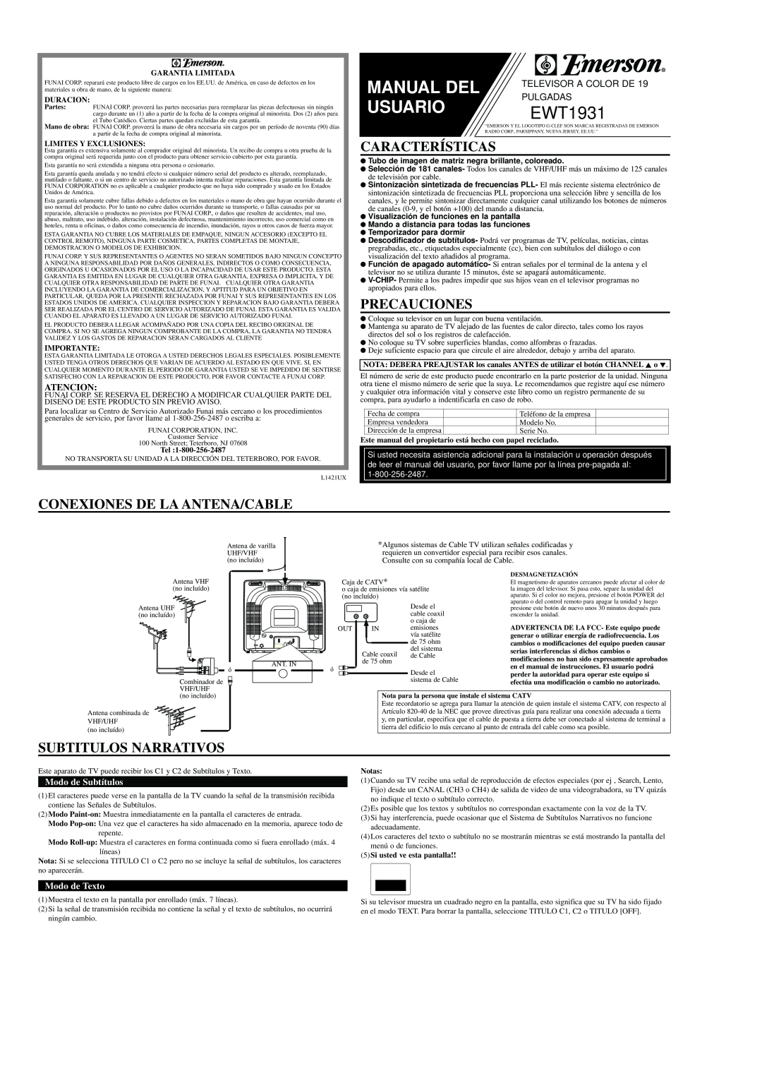 Emerson EWT1931 Características, Precauciones, Conexiones De La Antena/Cable, Subtitulos Narrativos, Atencion, Duracion 