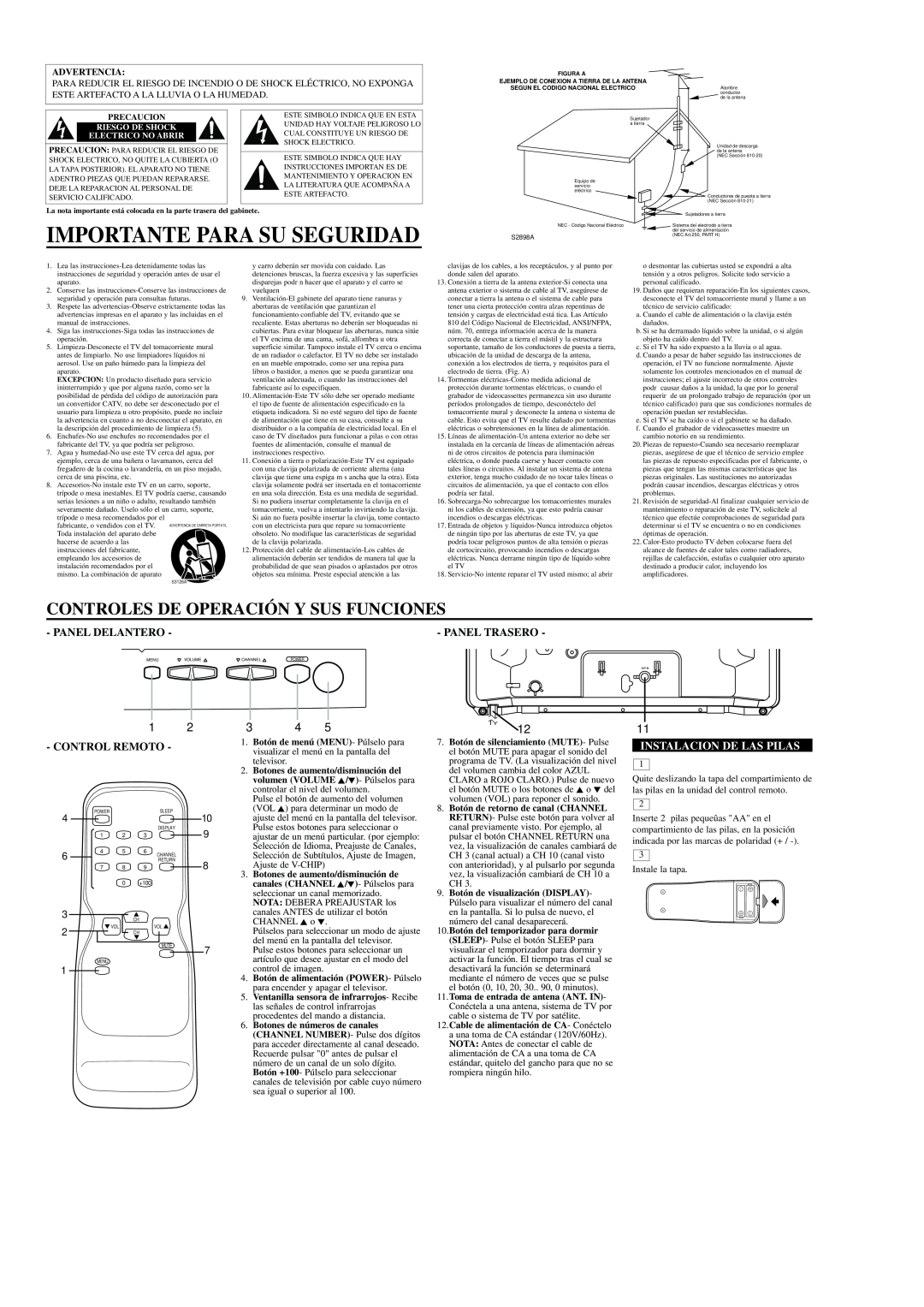 Emerson EWT1931 owner manual Importante Para Su Seguridad, Panel Trasero, Instalacion De Las Pilas, Advertencia 
