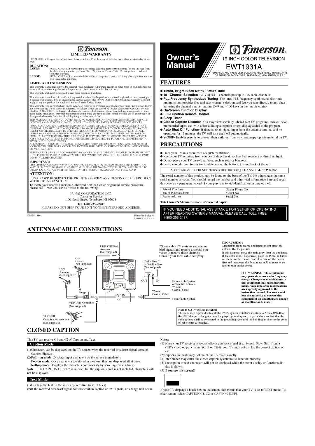 Emerson EWT1931A owner manual Features, Precautions, ANTENNA/CABLE Connections, Closed Caption 