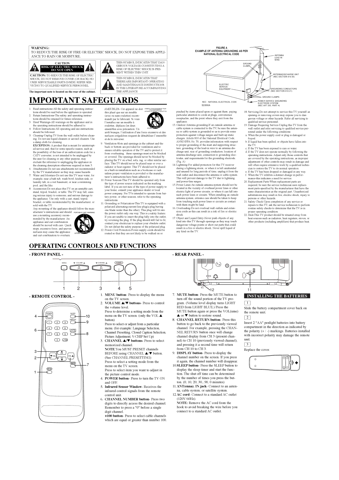 Emerson EWT1931A owner manual Operating Controls and Functions, Installing the Batteries 