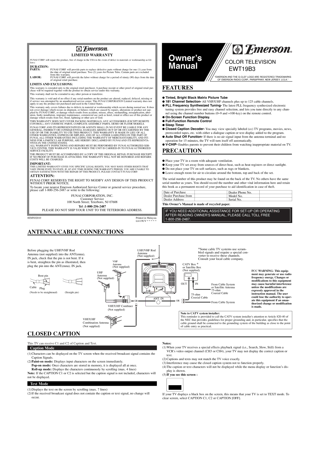 Emerson EWT19B3 owner manual Features, Precaution, ANTENNA/CABLE Connections, Closed Caption, Limited Warranty 