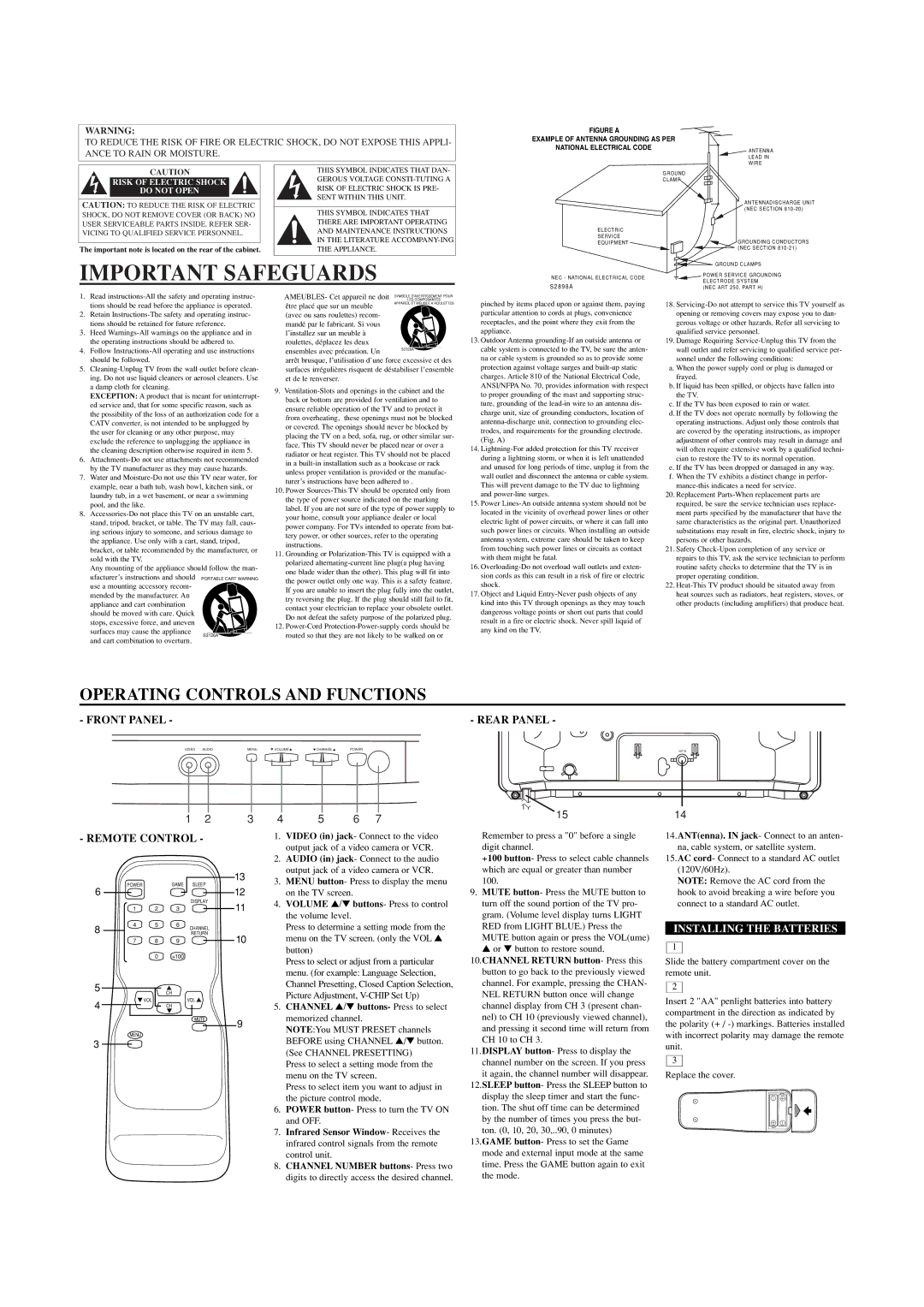 Emerson EWT19B3 Operating Controls and Functions, Front Panel Rear Panel, Remote Control, Installing the Batteries 