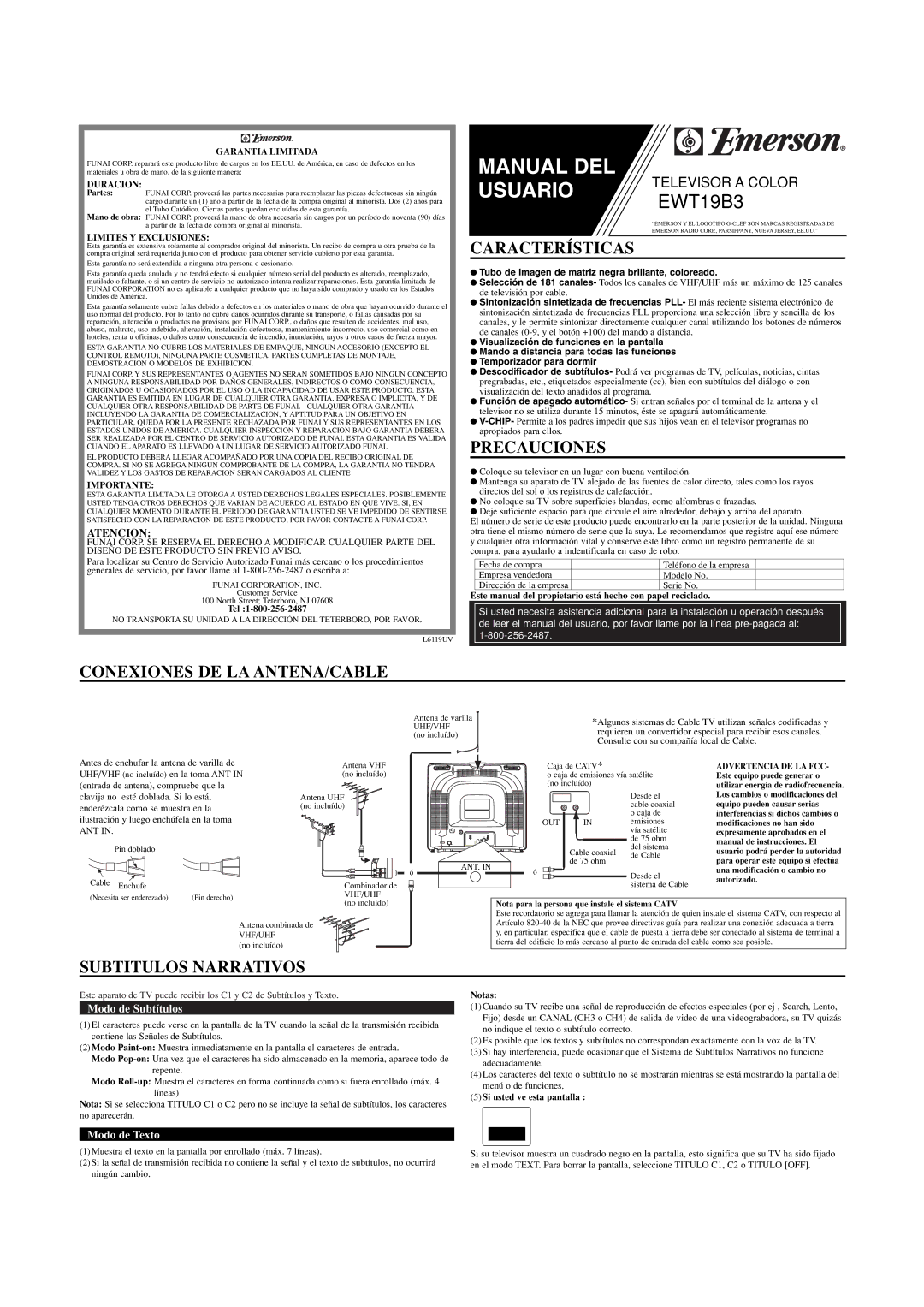 Emerson EWT19B3 owner manual Características, Precauciones, Conexiones DE LA ANTENA/CABLE, Subtitulos Narrativos, Atencion 