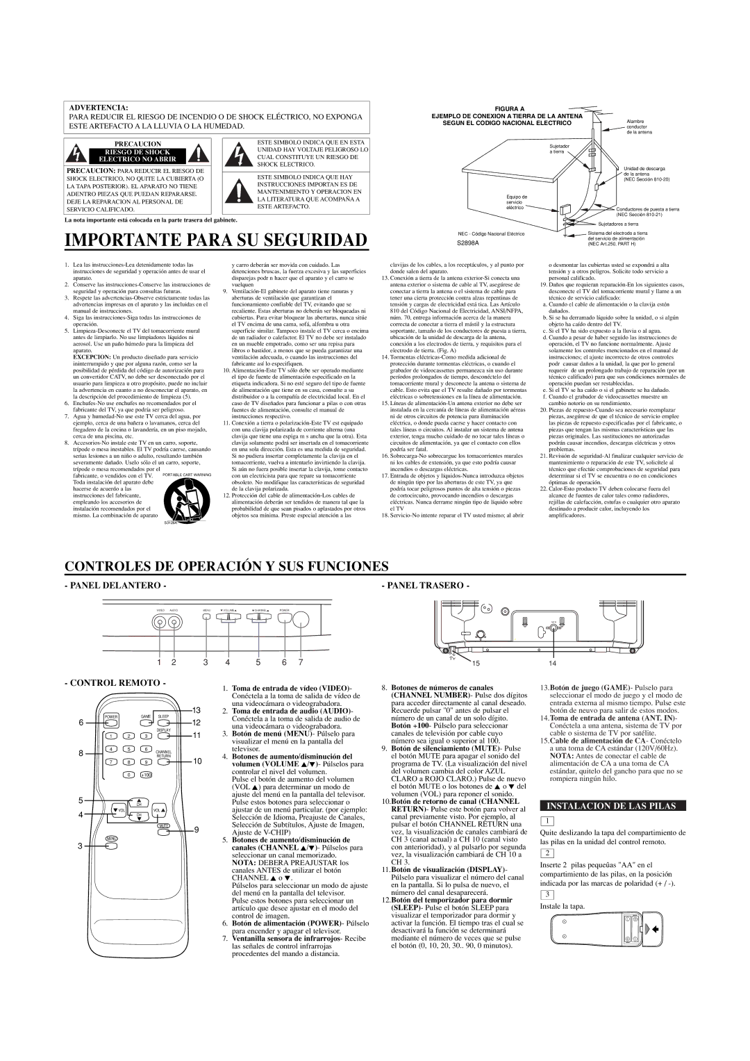 Emerson EWT19B3 owner manual Panel Trasero, Control Remoto, Instalacion DE LAS Pilas, Advertencia 