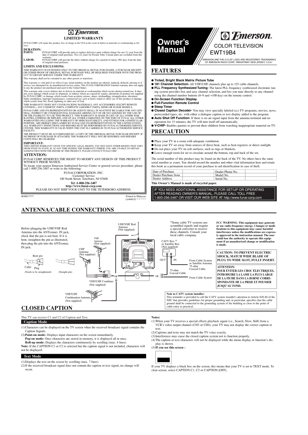 Emerson EWT19B4 owner manual Features, Precaution, ANTENNA/CABLE Connections, Closed Caption 