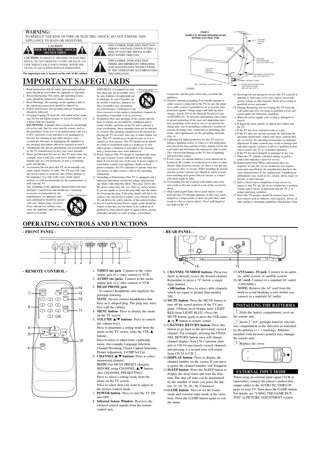 Emerson EWT19B4 owner manual Installing the Batteries, External Input Mode 