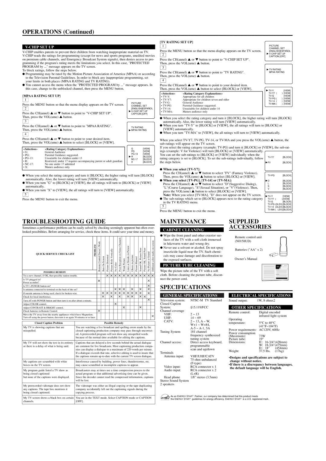 Emerson EWT19B4 owner manual Troubleshooting Guide, Maintenance, Supplied Accessories, Specifications 