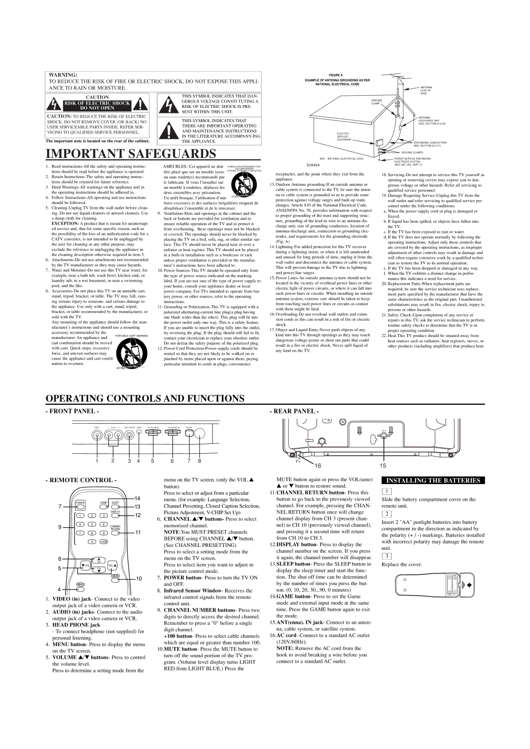 Emerson EWT19S2 owner manual Installing the Batteries, Do not Open 