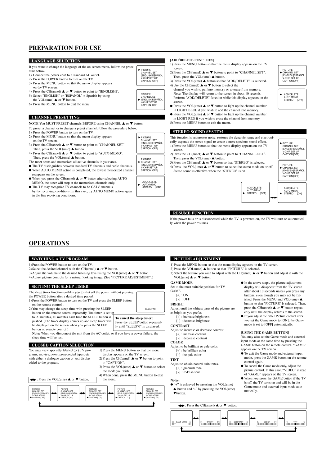 Emerson EWT19S2 owner manual Preparation for USE, Operations 