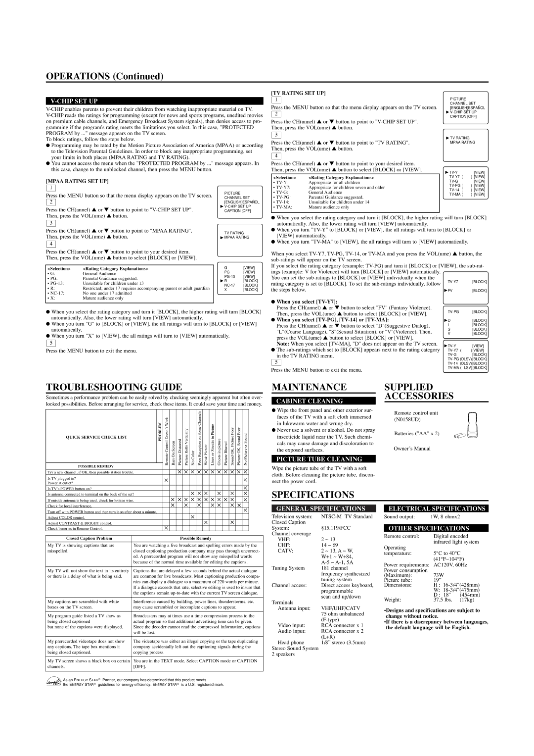 Emerson EWT19S2 owner manual Troubleshooting Guide, Maintenance, Supplied Accessories, Specifications 