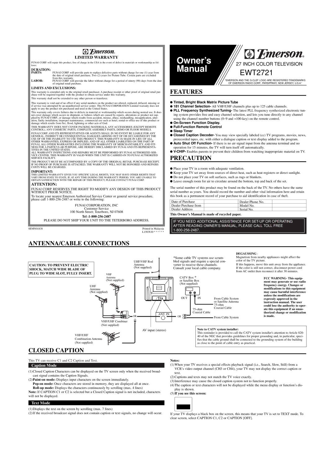 Emerson EWT2721 owner manual Features, Precaution, ANTENNA/CABLE Connections, Closed Caption, Limited Warranty 