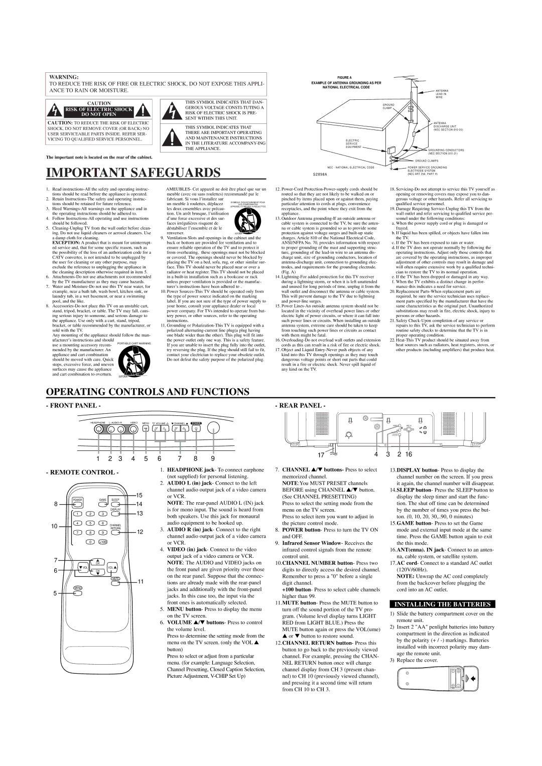 Emerson EWT2721 owner manual Important Safeguards, Rear Panel, Remote Control, Installing the Batteries 