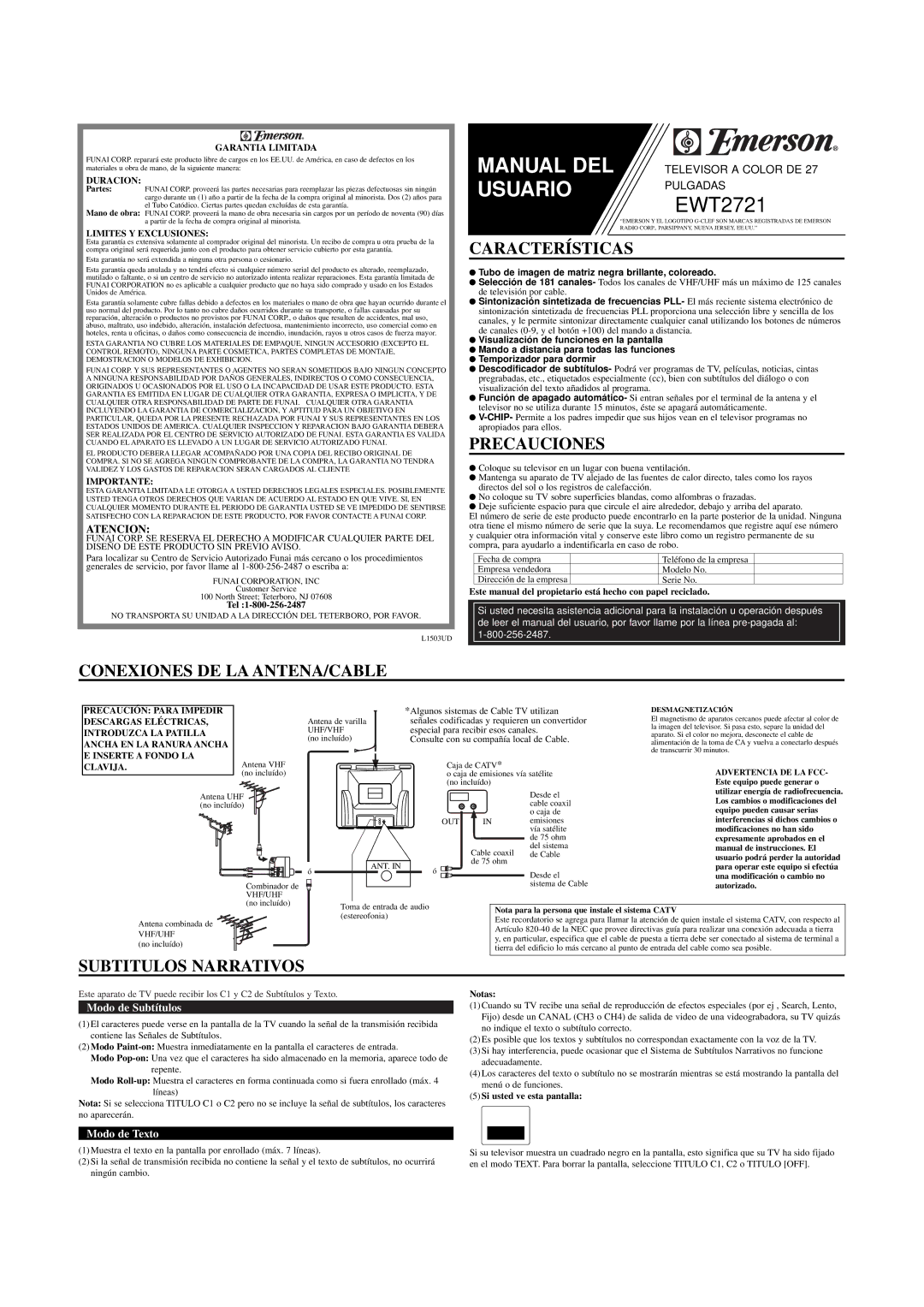 Emerson EWT2721 owner manual Características, Precauciones, Conexiones DE LA ANTENA/CABLE, Subtitulos Narrativos, Atencion 