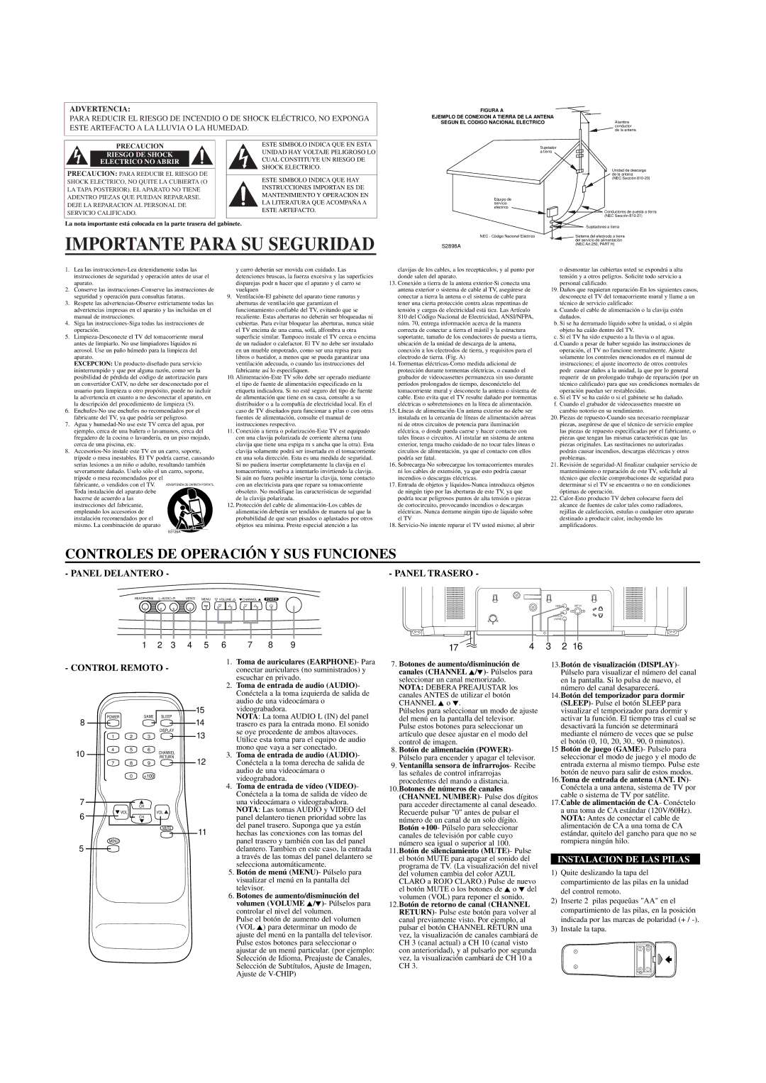 Emerson EWT2721 Importante Para SU Seguridad, Panel Trasero, Control Remoto, Instalacion DE LAS Pilas, Advertencia 